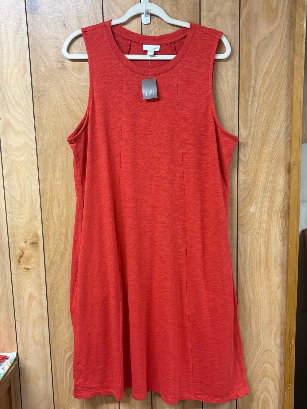New J Jill Red Hibiscus Shift Tank Dress L Pockets Cotton Modal Stretch Comfort